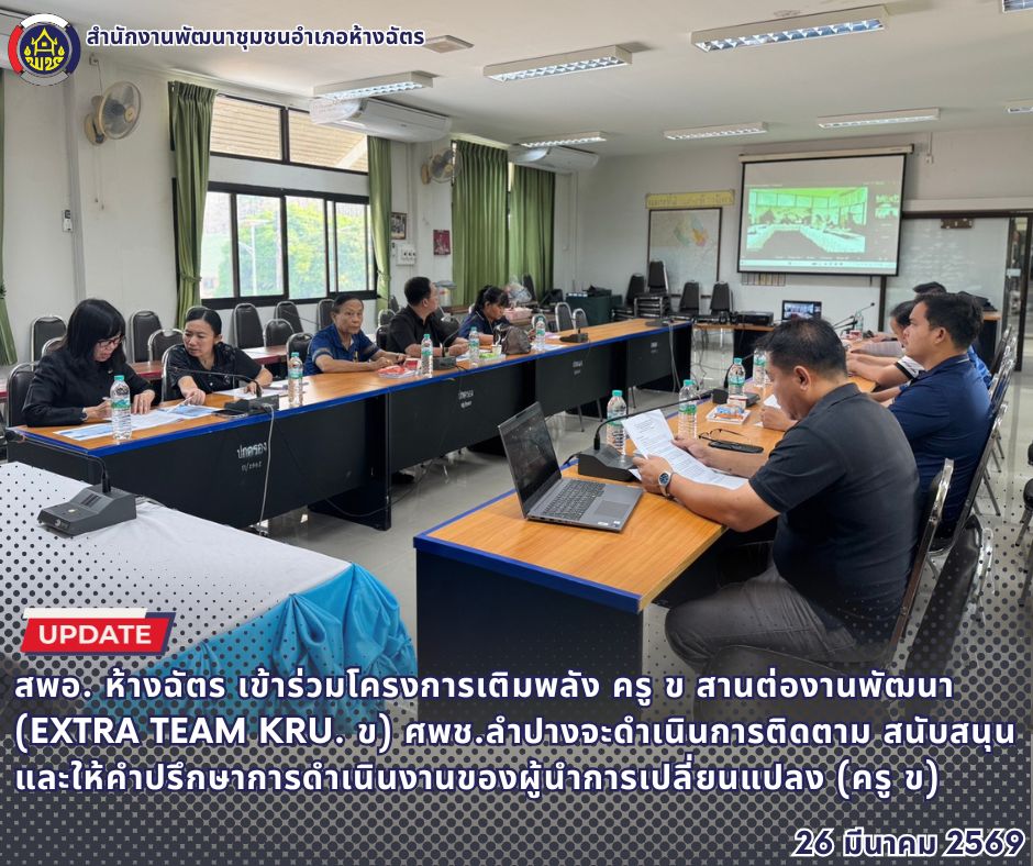 🚶‍♀️ลำปาง สปิริต "ทีม พลัง และการก้าวเดิน"🚶‍♀️ 📢 สำนักงานพัฒนาชุมชนอำเภอห้างฉัตร จังหวัดลำปาง : โครงการเติมพลัง ครู ข สานต่องานพัฒนา (EXtra Team Kru. ข) ศพช.ลำปางจะดำเนินการติดตาม สนับสนุน และให้คำปรึกษาการดำเนินงานของผู้นำการเปลี่ยนแปลง (ครู ข)