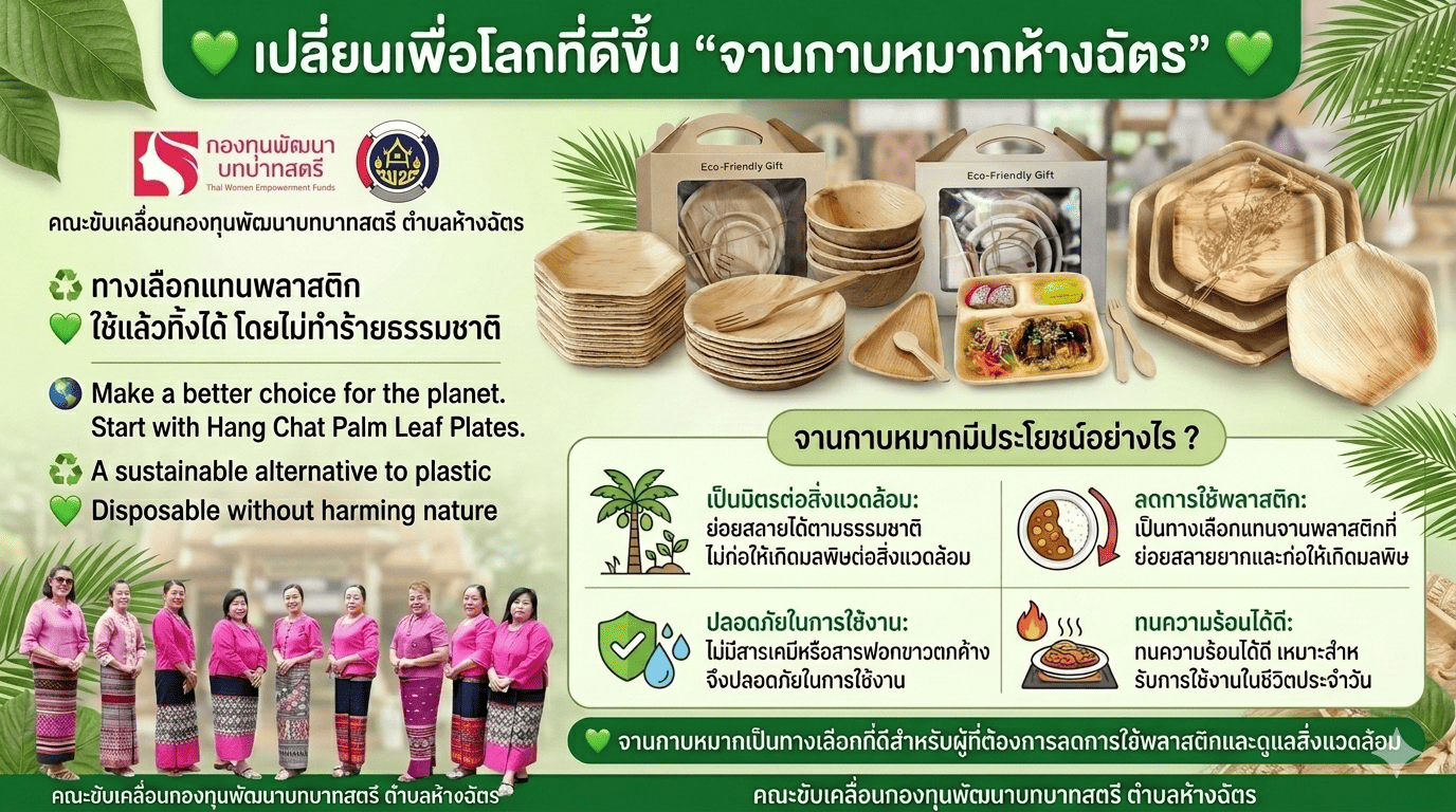 ลำปาง สปิริต "ทีม พลัง และการก้าวเดิน"  คณะกรรมการกองทุนพัฒนาบทบาทสตรีตำบลห้างฉัตร ประชาสัมพันธ์เชิญชวนลดขยะ ลดการใช้พลาสติก เปลี่ยนเพื่อโลกที่ดีขึ้นด้วย “จานกาบหมากห้างฉัตร”