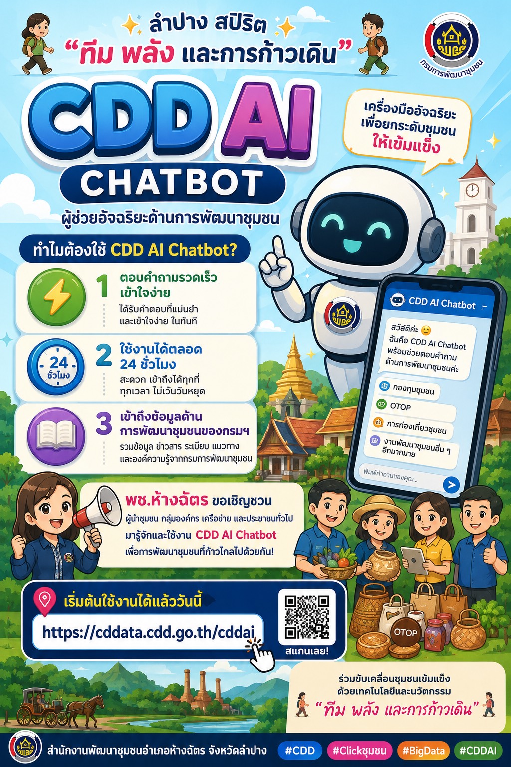  พช.ห้างฉัตร ขอเชิญชวนผู้นำชุมชน กลุ่มองค์กร เครือข่าย และประชาชนทั่วไป มาทำความรู้จัก CDD AI Chatbot เครื่องมืออัจฉริยะ เพื่อยกระดับชุมชนให้เข้มแข็ง 